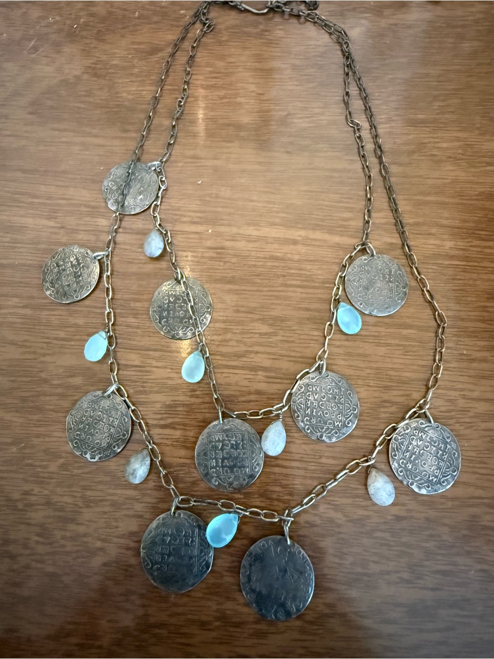 Source Unknown Gold-Tone Layered Coin Necklace with Blue Teardrops